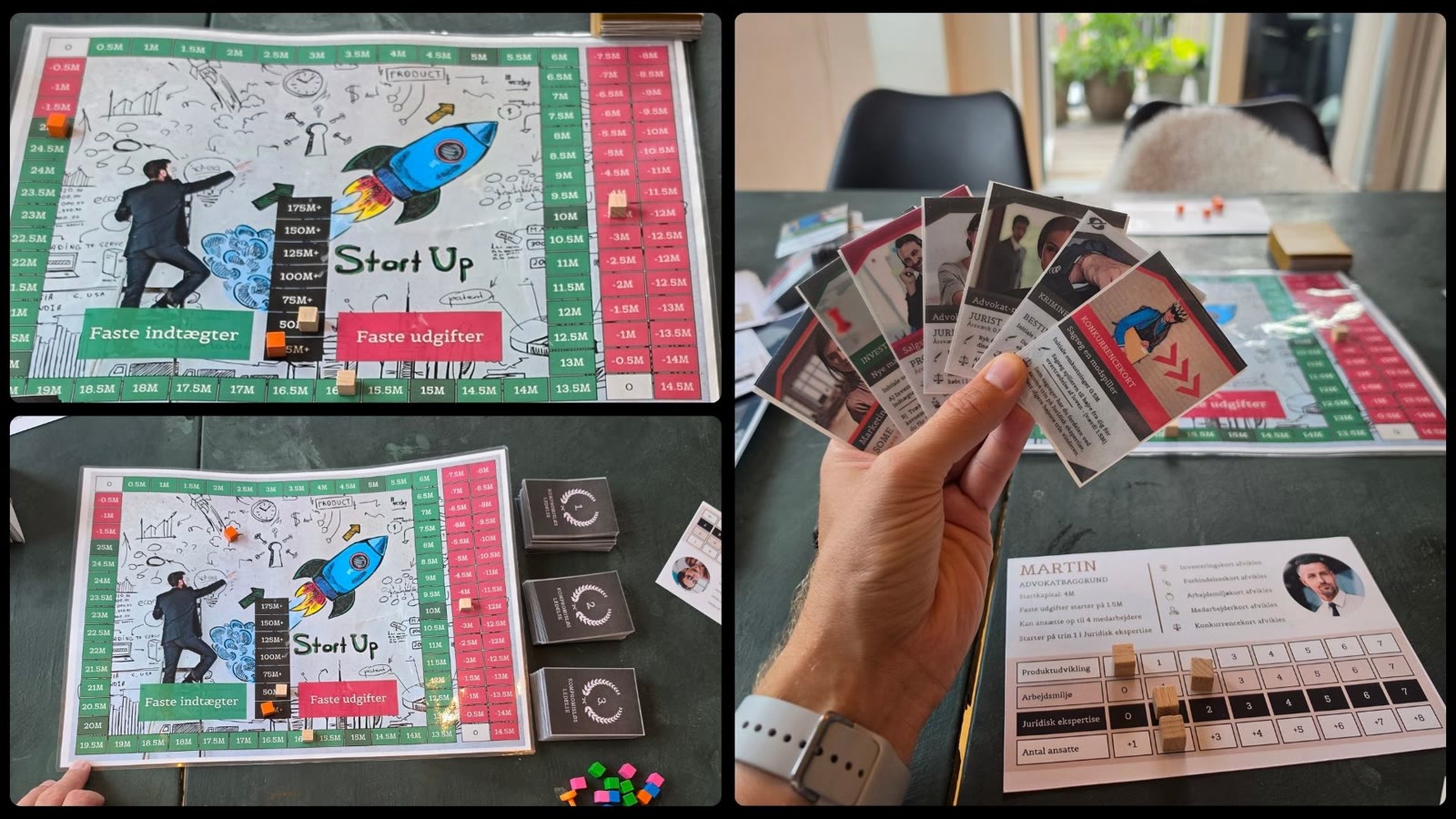 The original physical prototype in play: the hand-made board, laminated cards and a player board