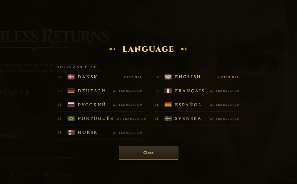 The in-game language menu with nine languages