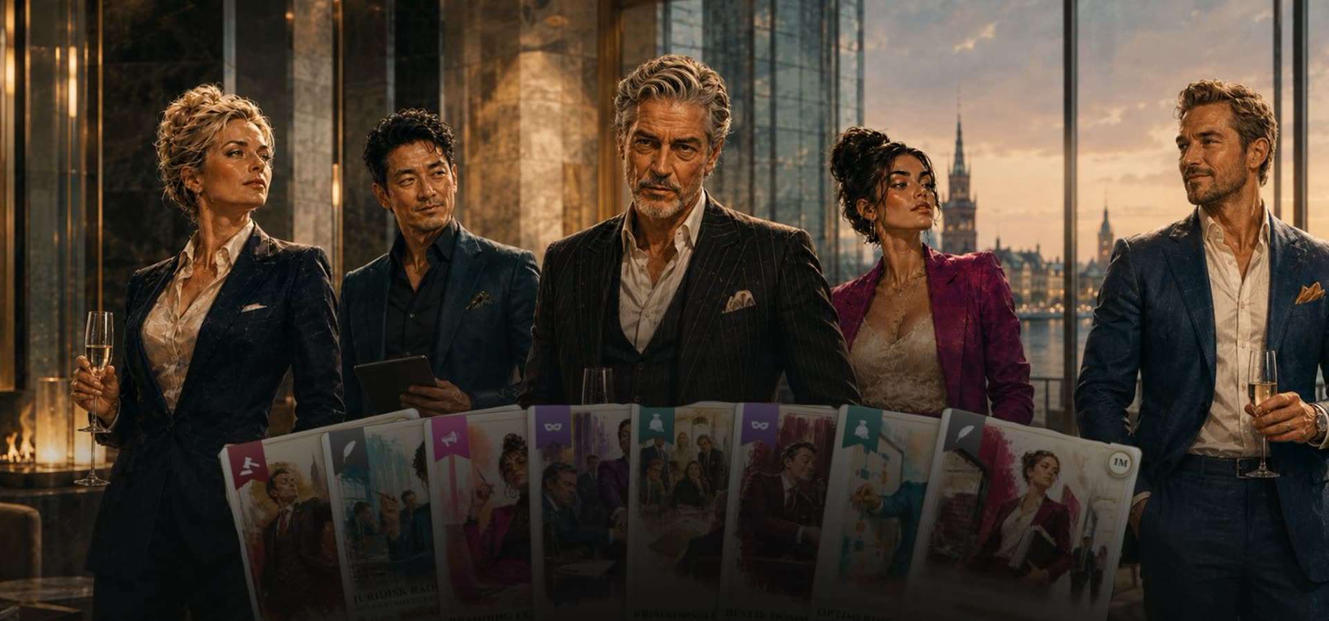 Ruthless Returns key art: fem iværksættere i et bestyrelseslokale med udsigt over byen