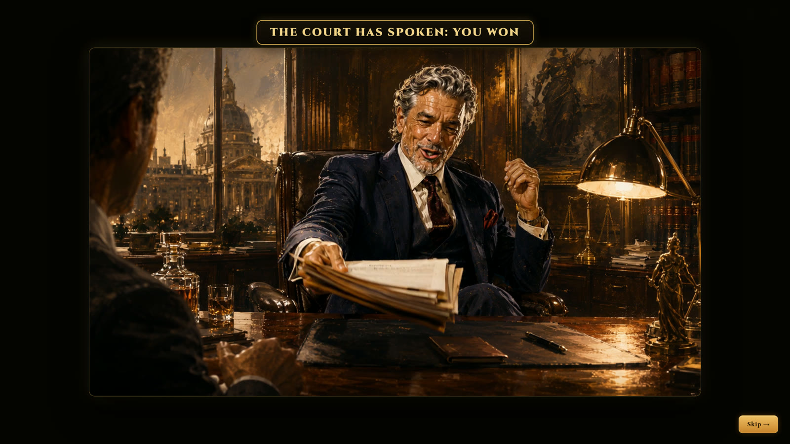 A painted courtroom cutscene: the court has spoken